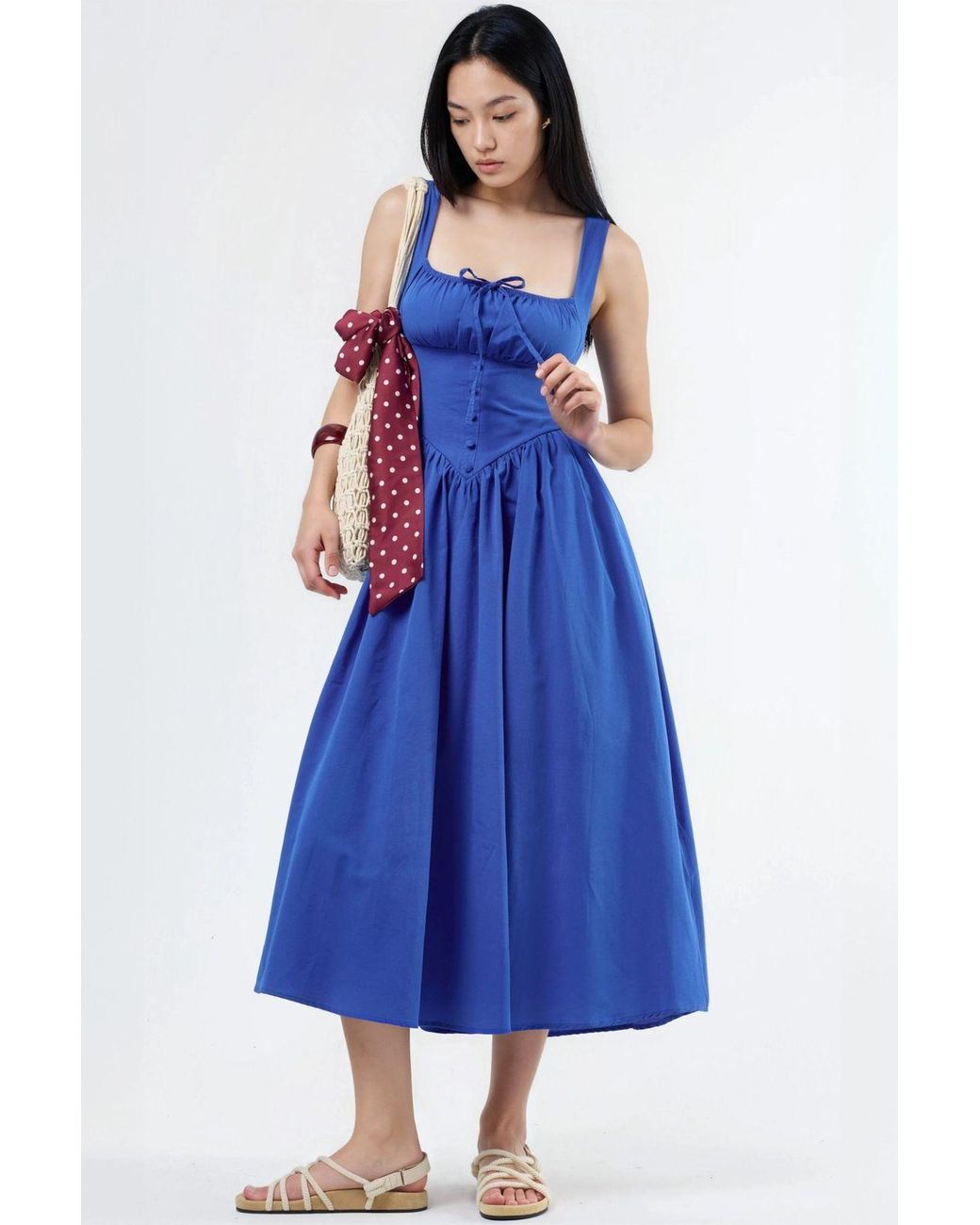Busem Blue Midi Dress With Square Collar And Button Detail