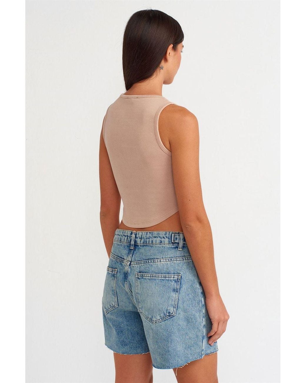 Dilvin White Ribbed Crop Blouse With Buttons