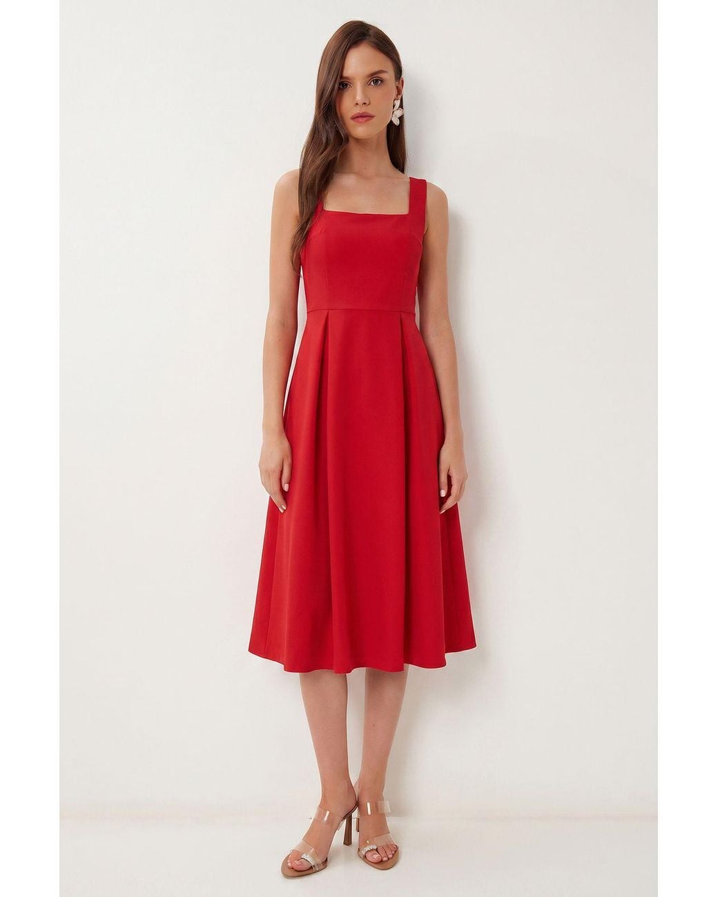 Happiness İstanbul Red Square Collar A-Form Midi Dress With Zipper Closure