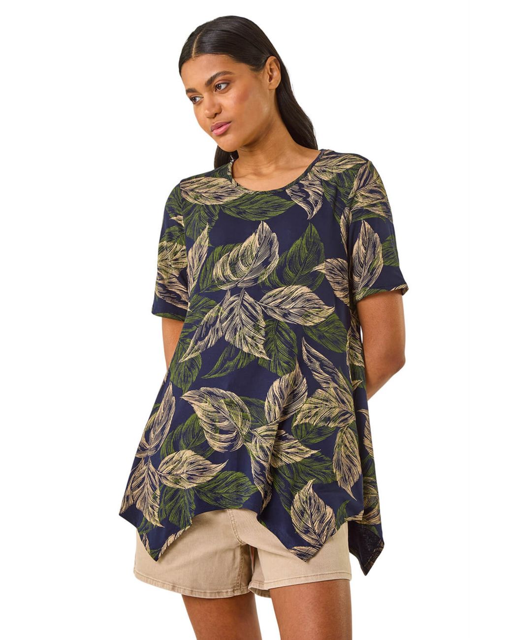 Roman Blue Leaf Print Hanky Hem Tunic Top