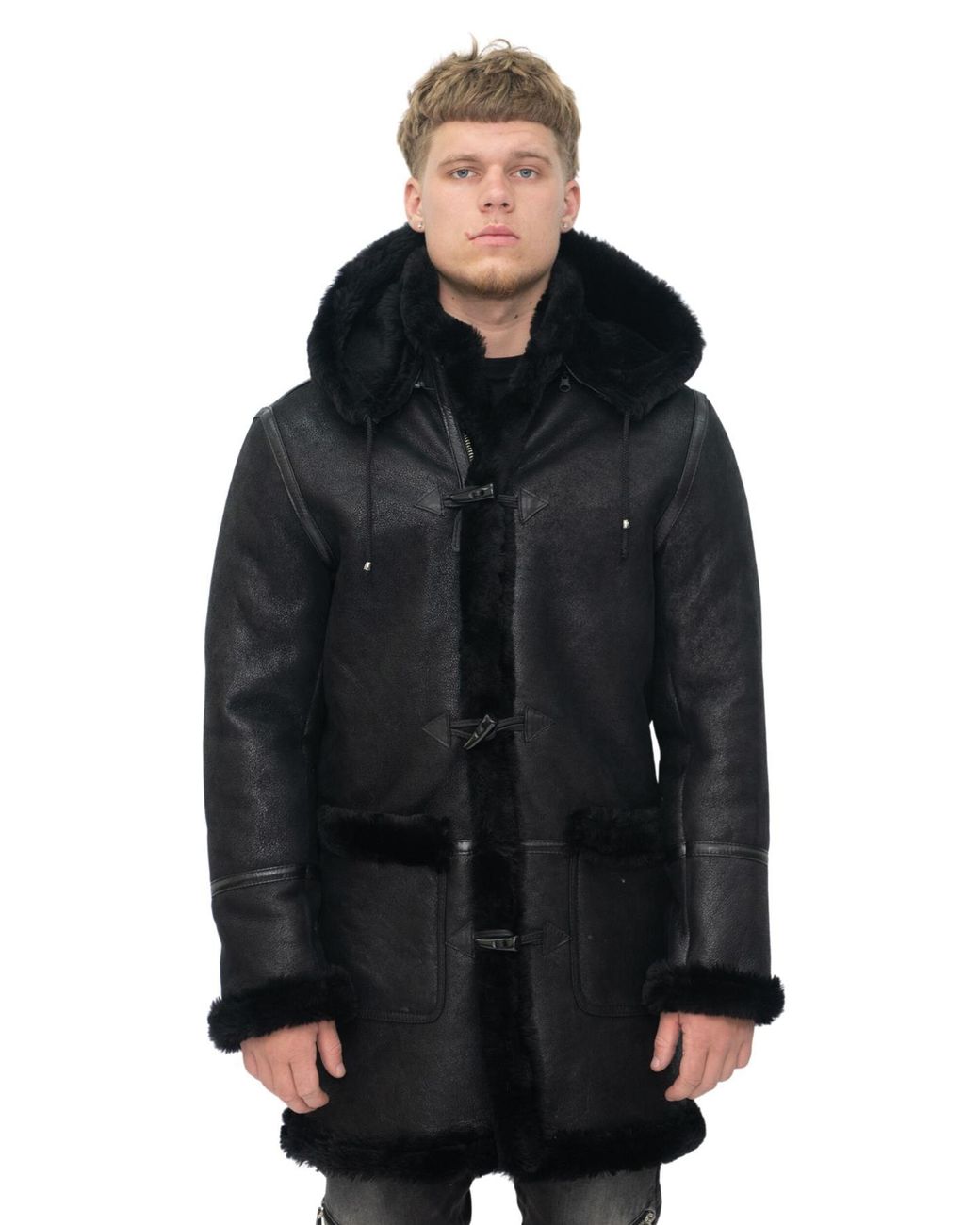 Infinity Leather Black Winter Sheepskin Hooded Duffle Coat-Helsinki for men