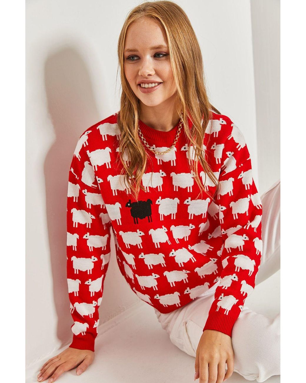 Bianco Lucci Red Patterned Thick Knit Crew Neck Sweater