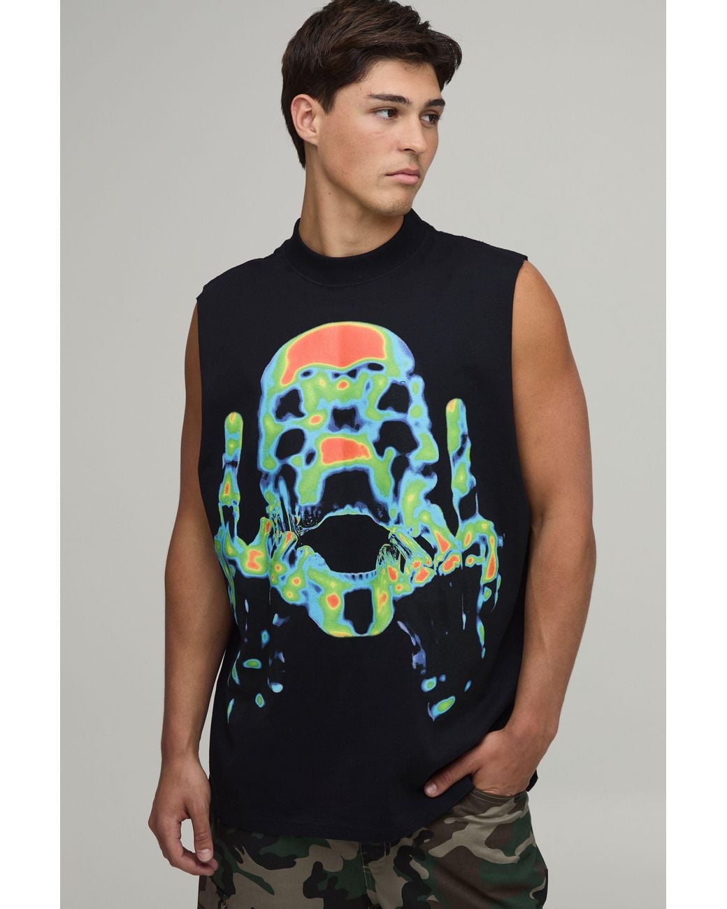 BoohooMAN Black Oversized Graphic Tank Cotton for men