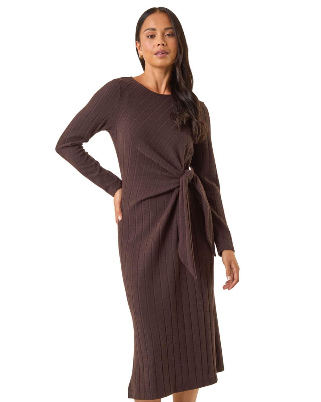 Roman Red Petite Brushed Tie Waist Stretch Midi Dress