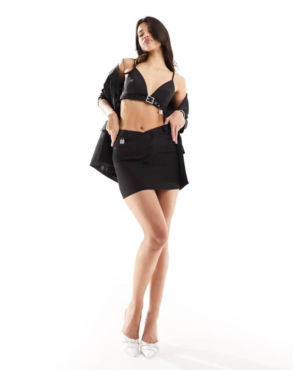Kaiia Black Exclusive Diamante Padlock Mini Skirt Co-Ord