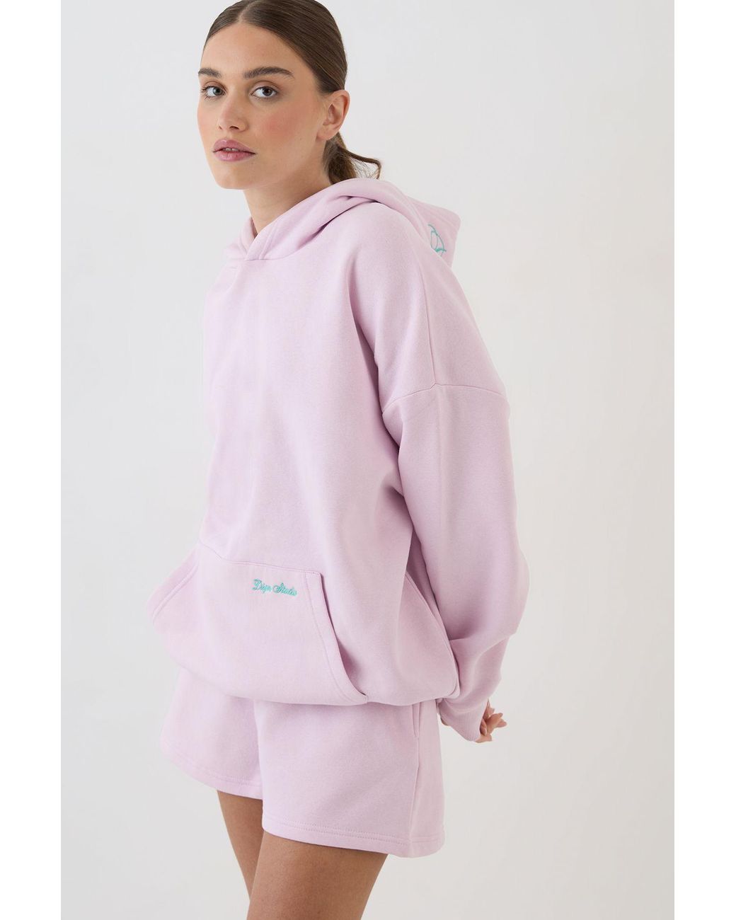 DSGN Studio Pink Script Embroidered Hooded Short Tracksuit