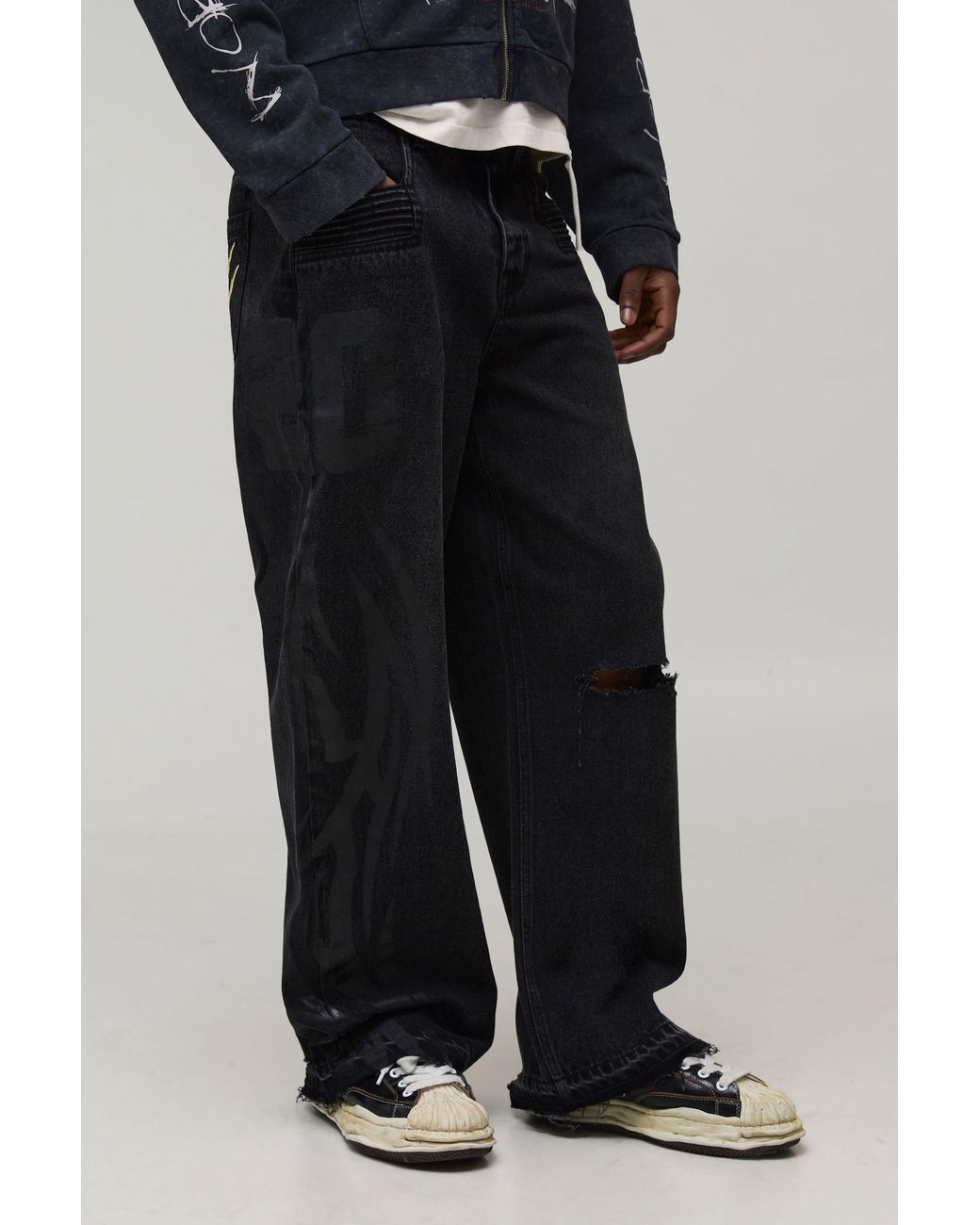 BoohooMAN Black Wide Leg Ripped Moto Applique Jeans for men