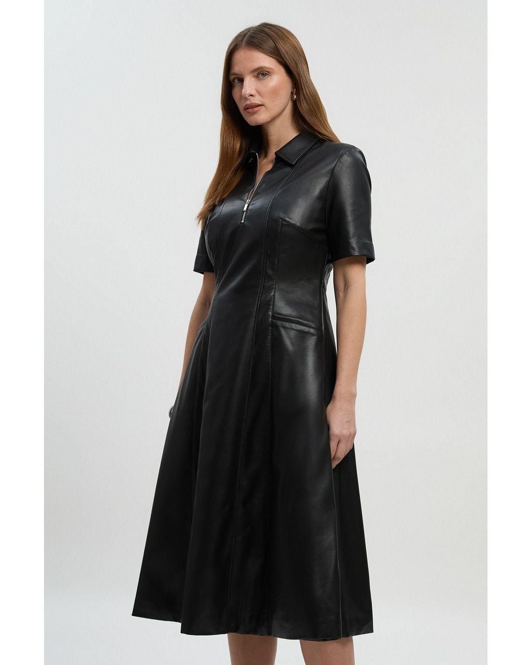 Karen Millen Black Faux Leather Collared Midi Shirt Dress