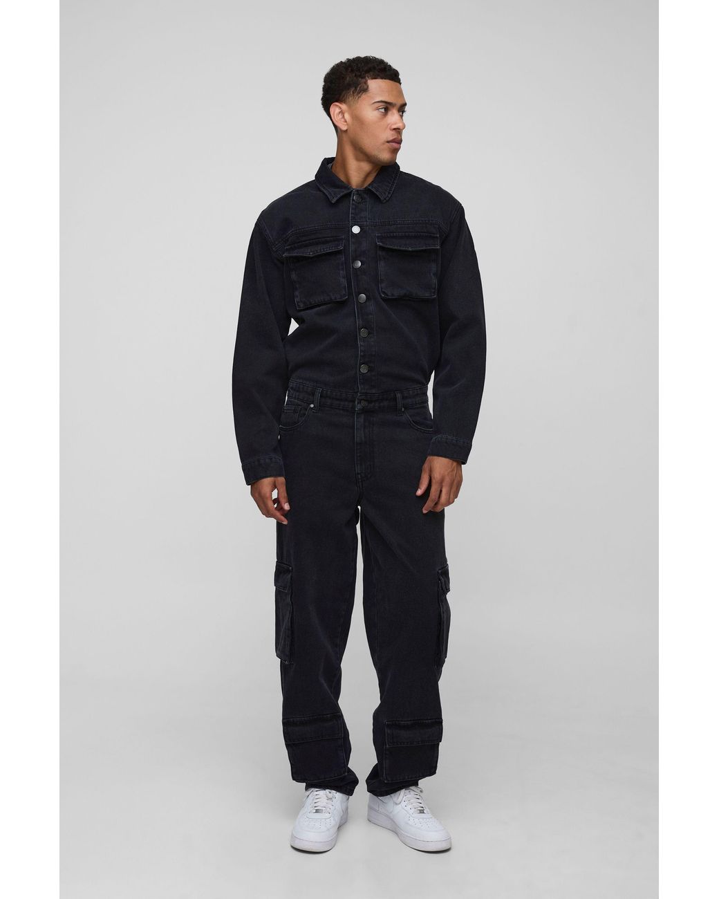 BoohooMAN Blue Long Sleeve Relaxed Washed Cargo Denim Boilersuit for men