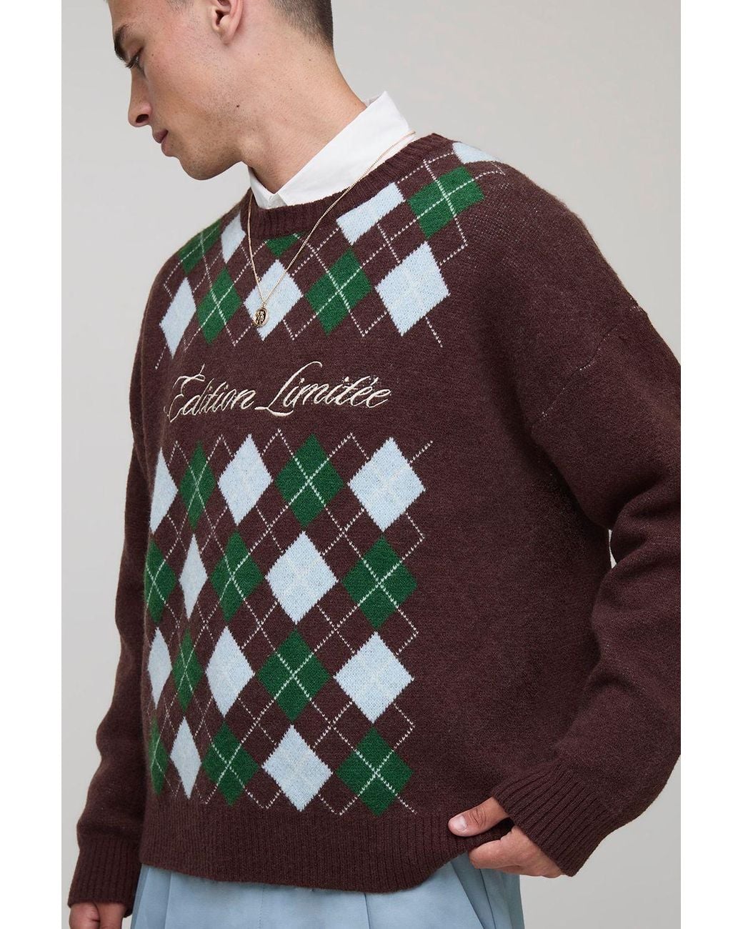 BoohooMAN Brown Boxy Embroidered Diamond Argyle Knitted Sweater for men