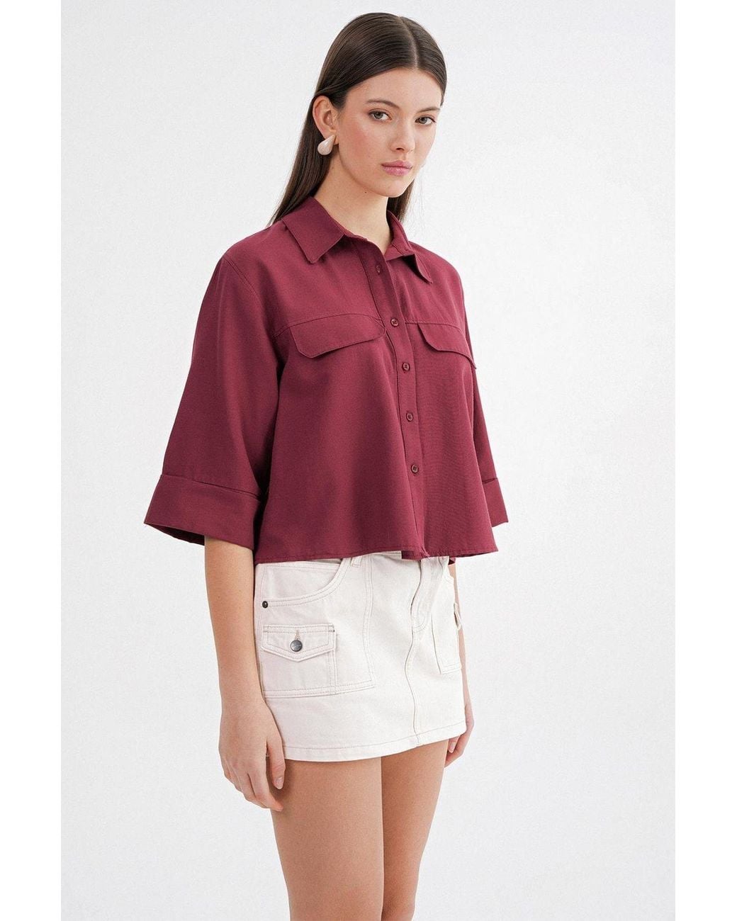 MixRay Red Short Sleeve Crop Poplin Shirt