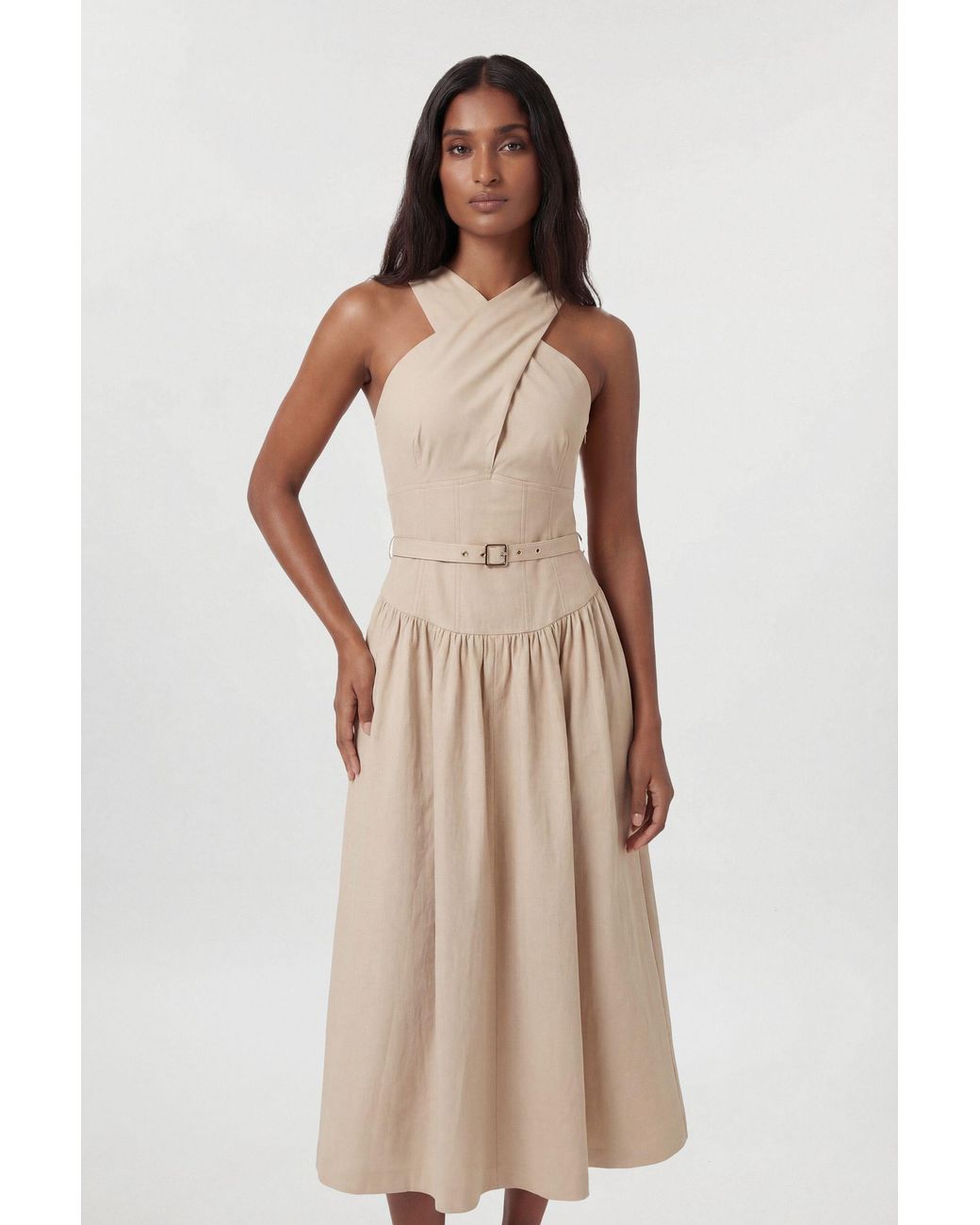 Karen Millen Natural Premium Tailored Linen Halter Neck Belted Full Midi Dress