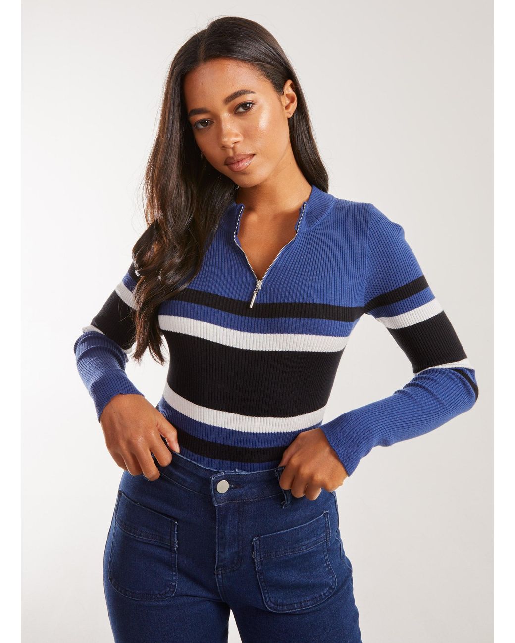 Pink Vanilla Blue Zip Up Striped Knit Top