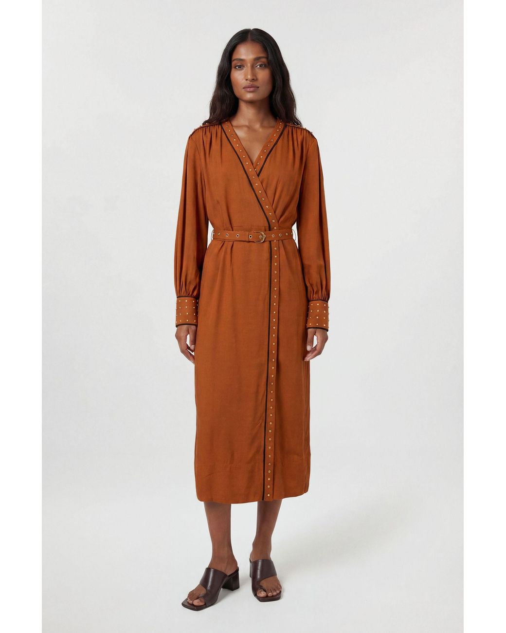 Karen Millen Brown Premium Viscose Linen Woven Wrap Dress With Stud Detail