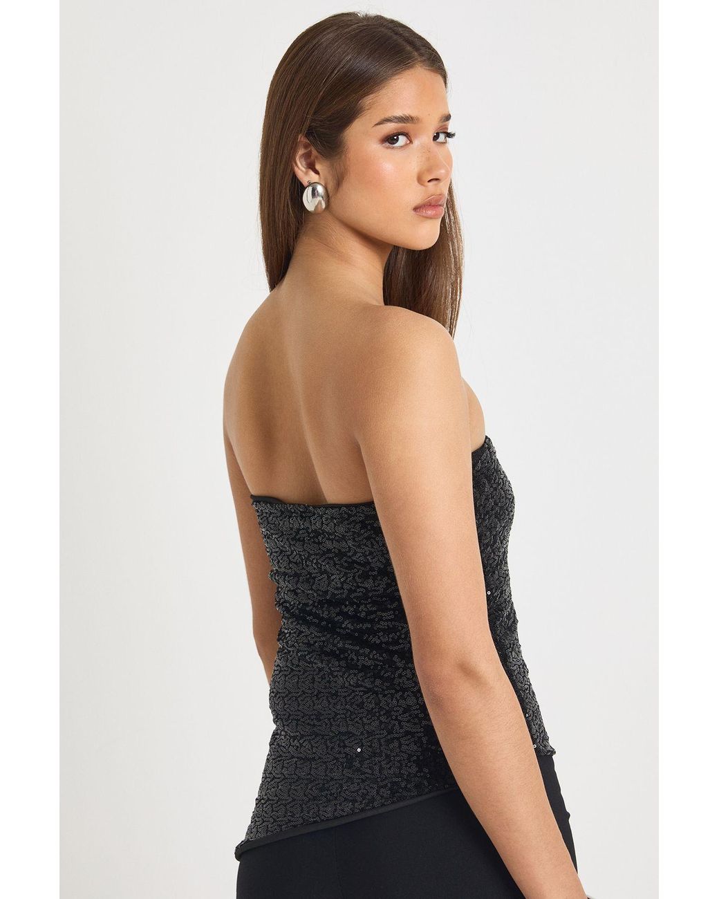 Boohoo Black Sequin Bandeau Asym Hem Top
