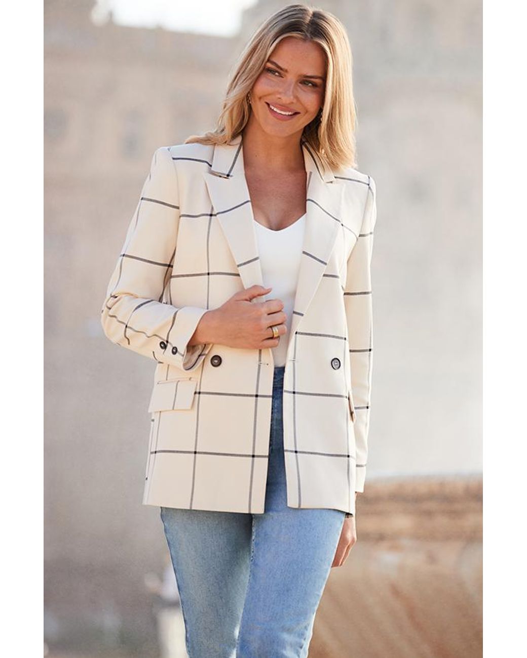 Sosandar White Ivory Check Double Breasted Longline Blazer