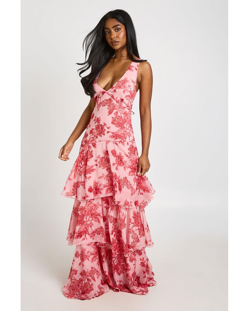Boohoo Chiffon Plunge Front Floral Tiered Maxi Dress