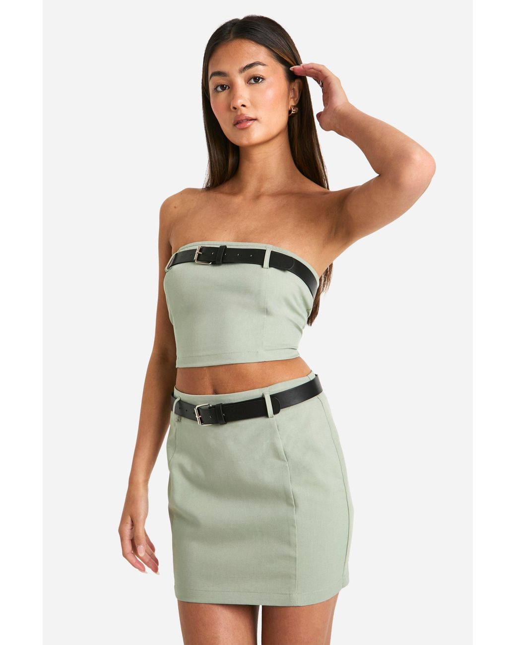 Boohoo Green Belt Detail Mini Skirt
