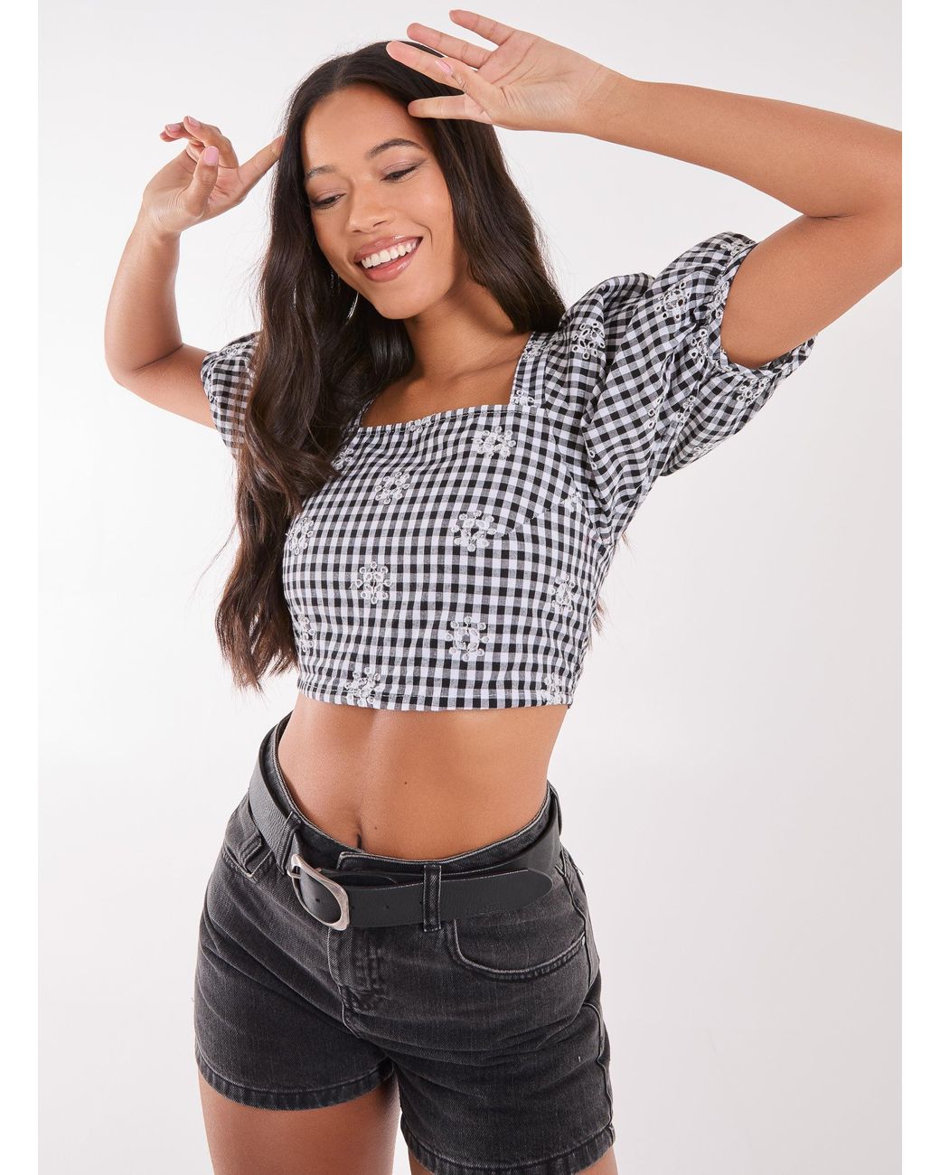 Pink Vanilla Black Tie Back Gingham Crop Top