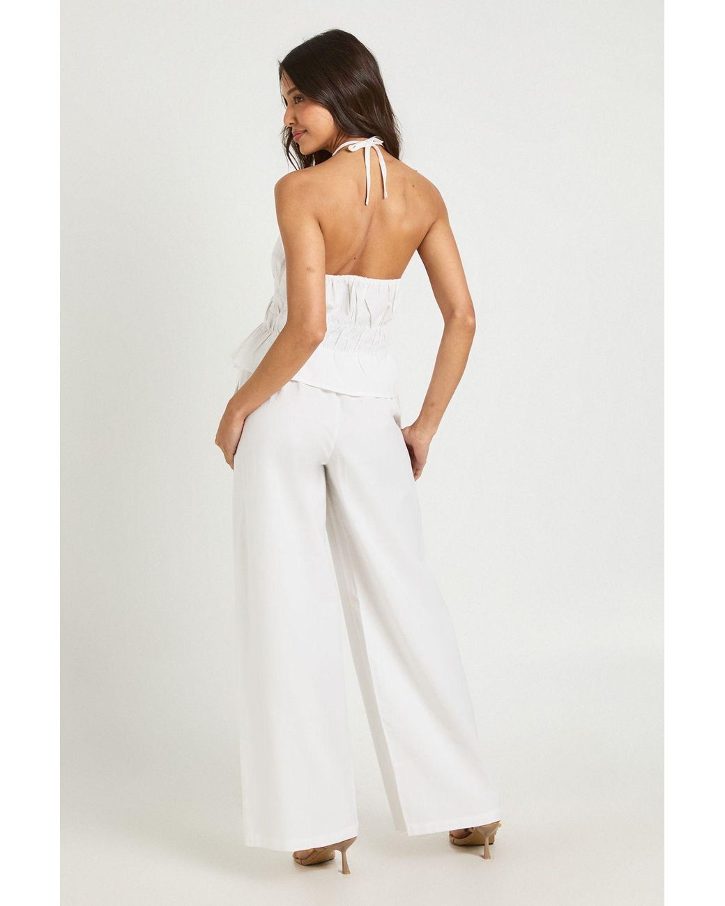 Boohoo White Linen Look Shirred Halter Neck Top & Wide Leg Trouser Co-Ord