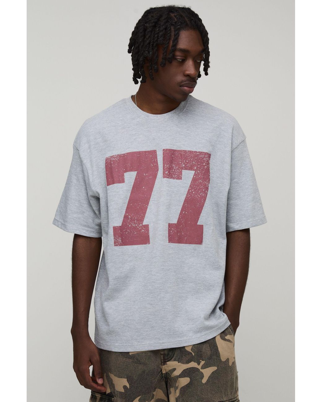 BoohooMAN Gray Oversized Varsity Printed Waffle T-Shirt for men