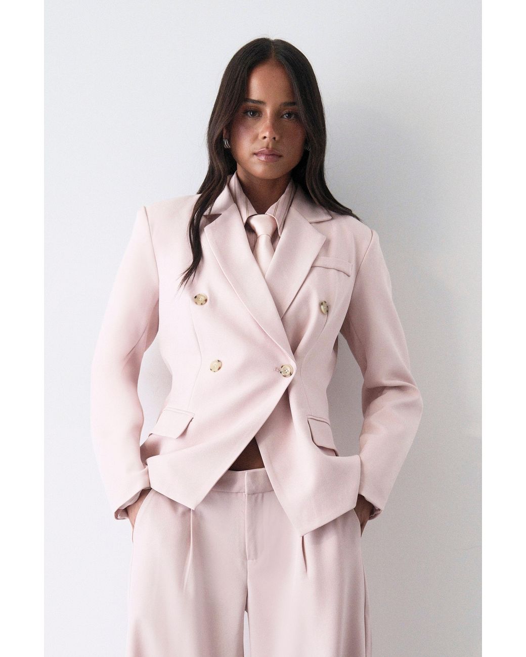 Boohoo Pink Double Breasted Cinched Blazer