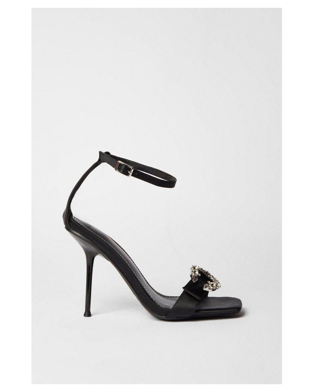 MissPap Natural Satin Embellished Buckle Square Toe Heels