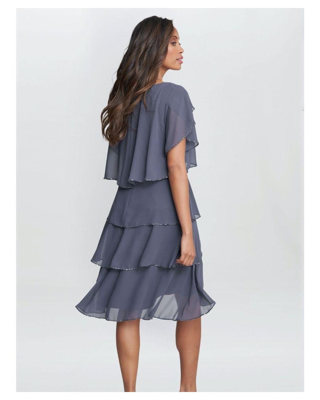 Gina Bacconi Blue Trysta Bugle Beaded Trim Tiered Cocktail Dress With Flitter Sleeves