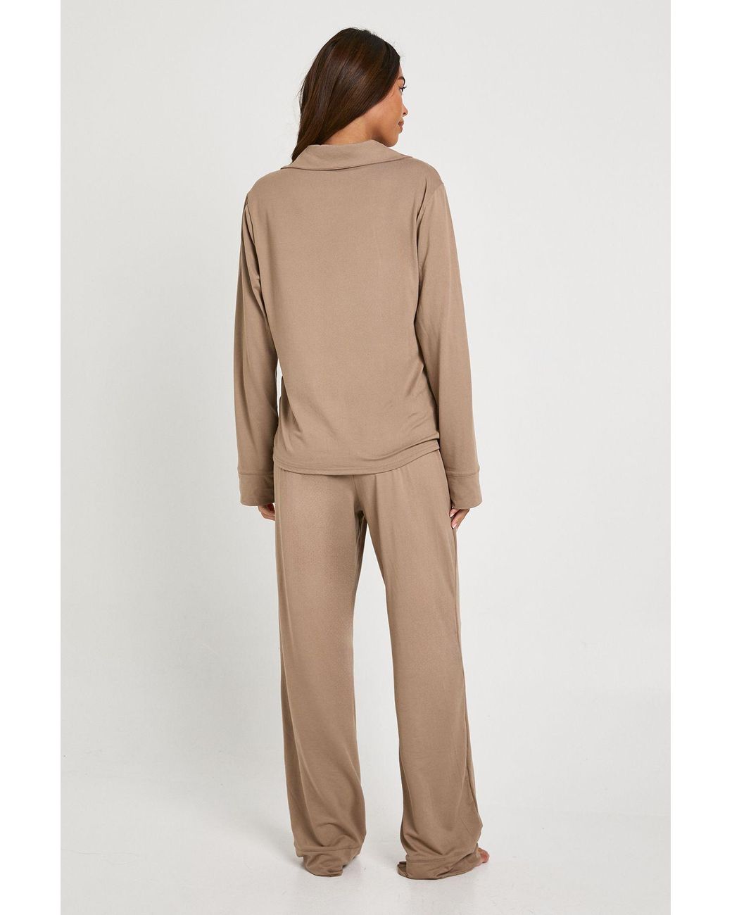 Boohoo Brown Soft Touch Button Through Shirt And Trouser Pyjama Set
