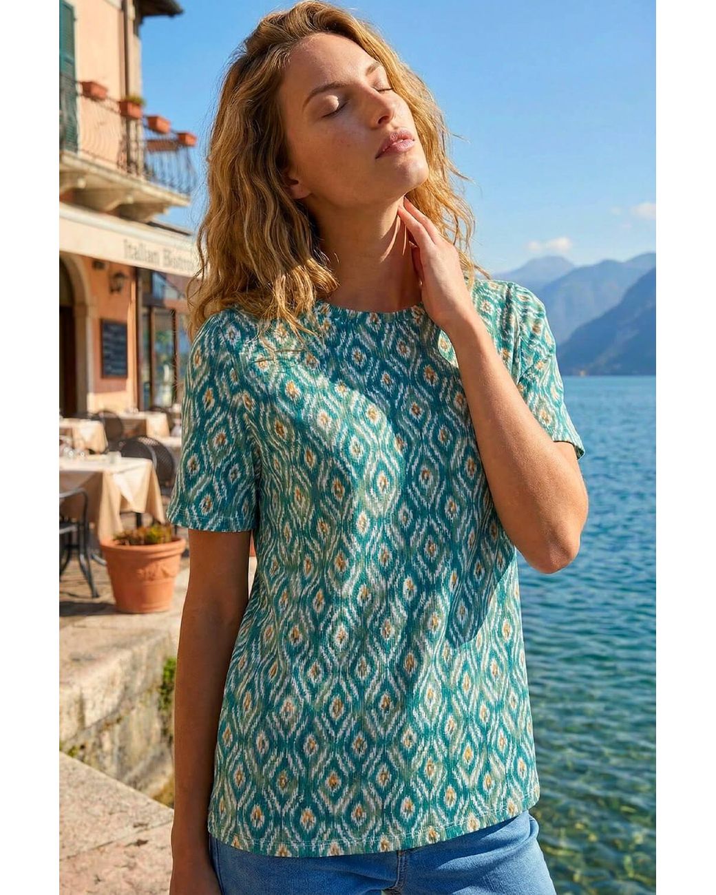 Roman Blue Ikat Print Stretch T-Shirt