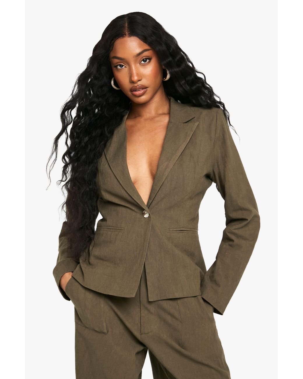 Boohoo Brown Tailored Linen Look Single Breast Blazer