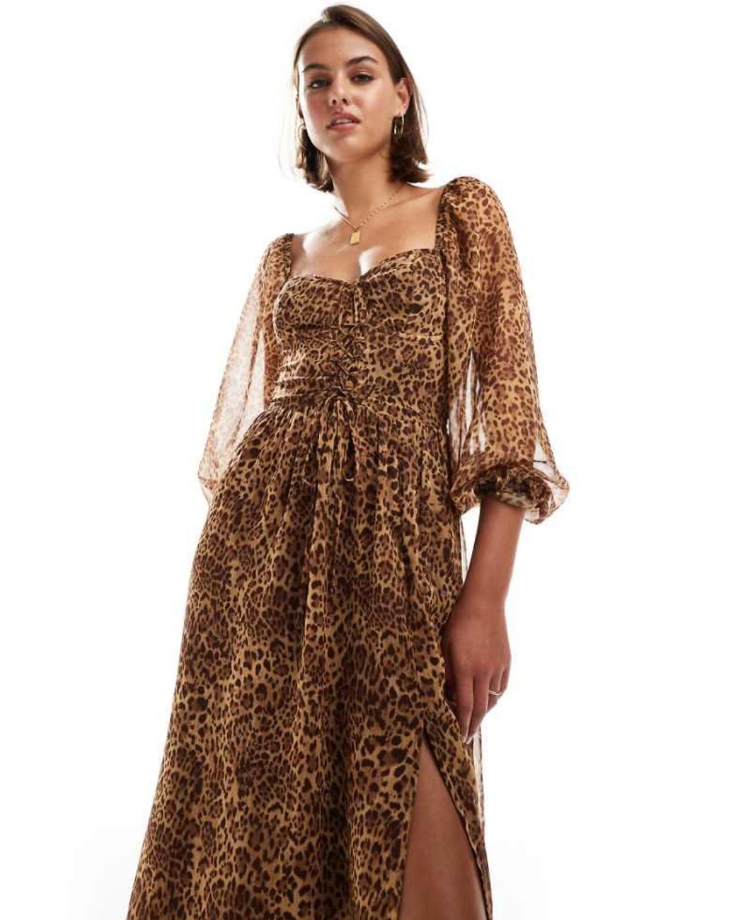 Miss Selfridge Brown Chiffon Corset Lace Up Maxi Dress