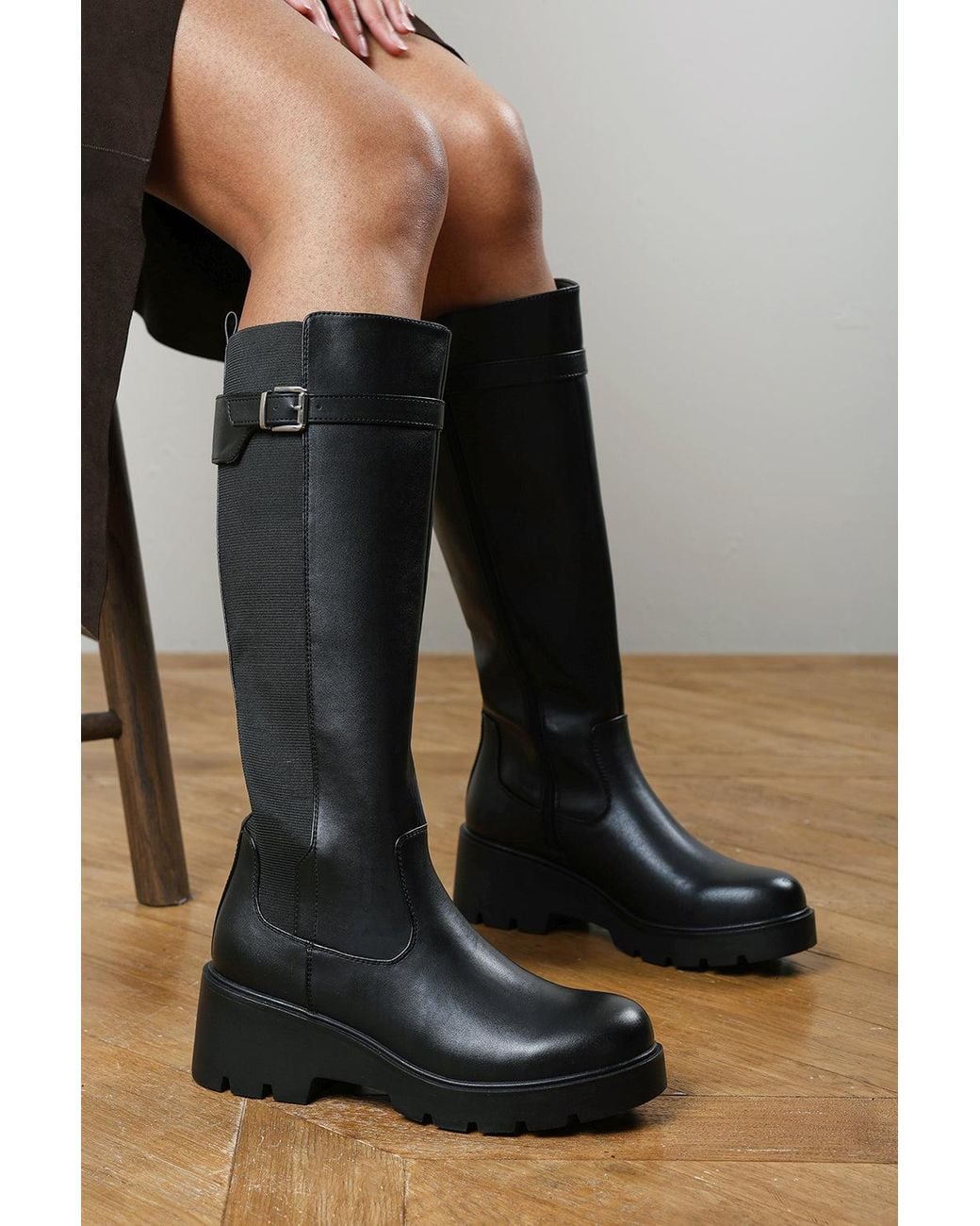 Where's That From Black Erelia Wide Fit Stretch Panel Buckle Detail Wedge Boots