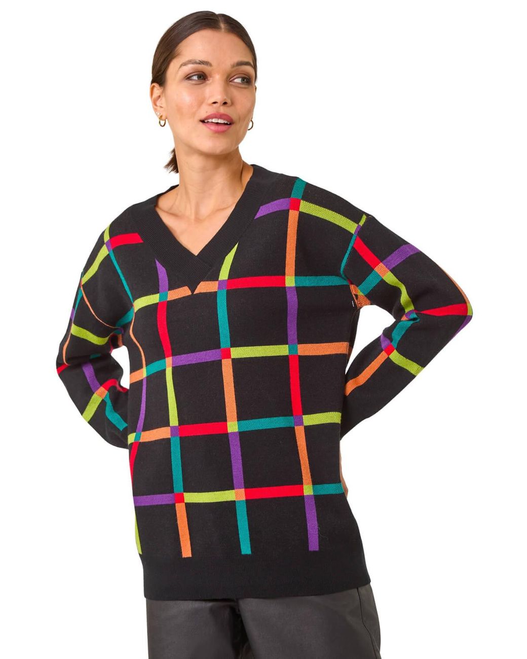 Roman Black Grid Pattern V-Neck Knit Jumper