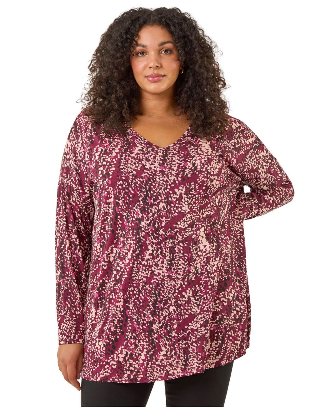 Roman Red Curve Spot Print V-Neck Stretch Top