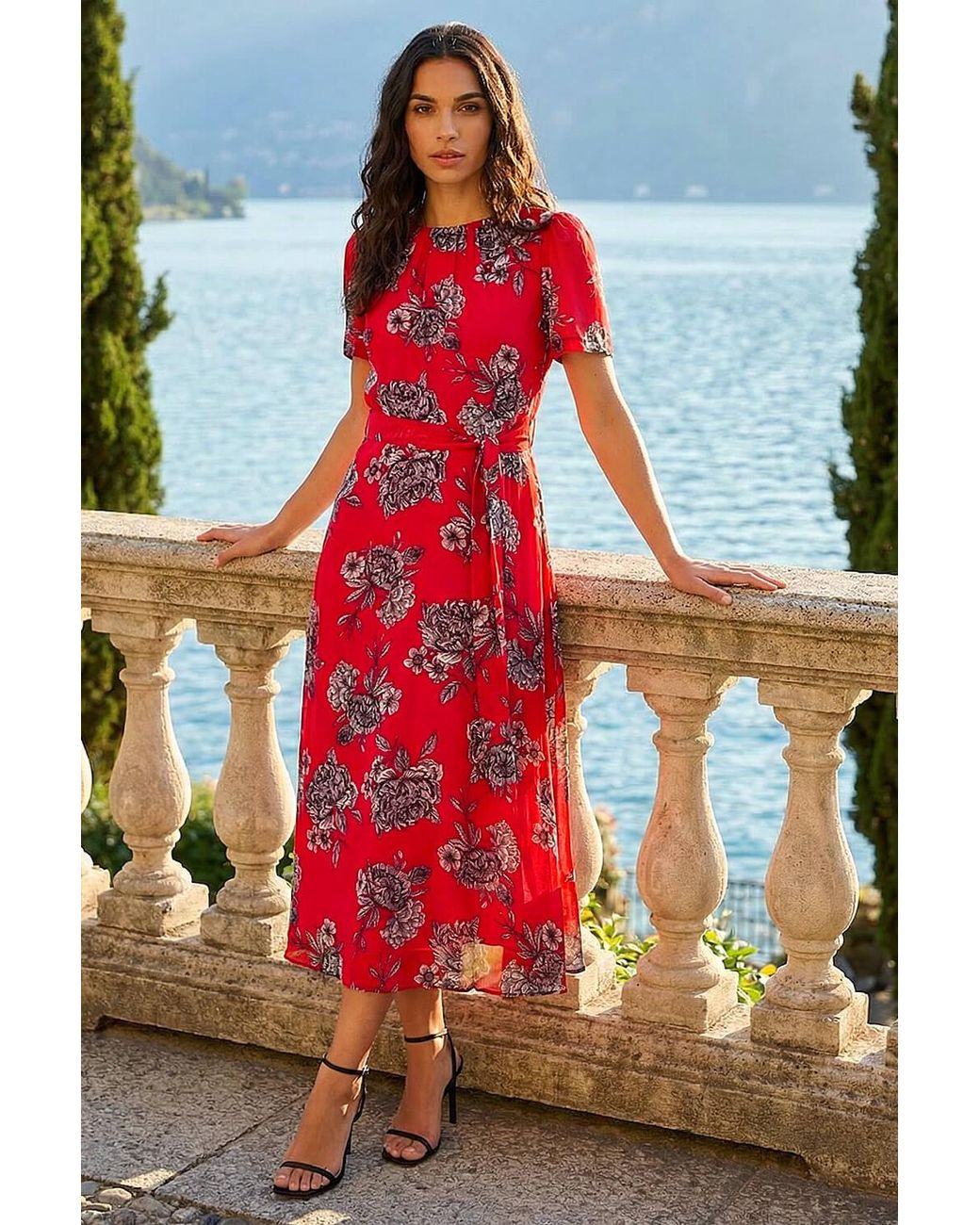 Roman Red Floral Print Stretch Pleated Dress