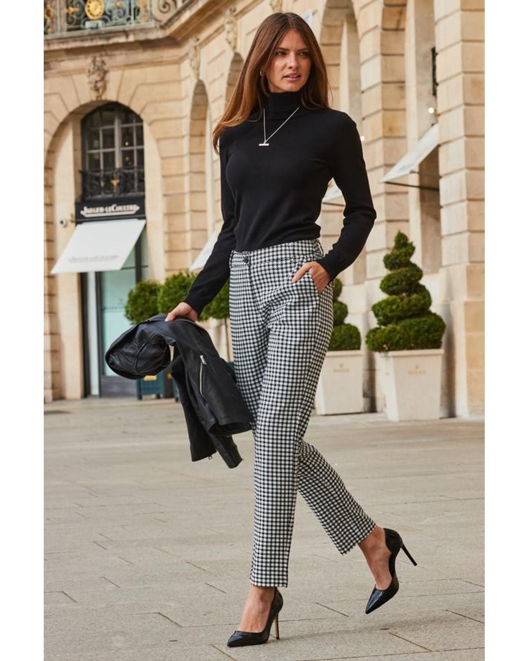 Sosandar Metallic Dogtooth Print Tapered Leg Trousers