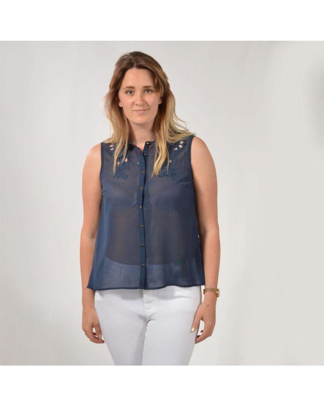 Oasis Blue Lace Top Sleeveless Blouse
