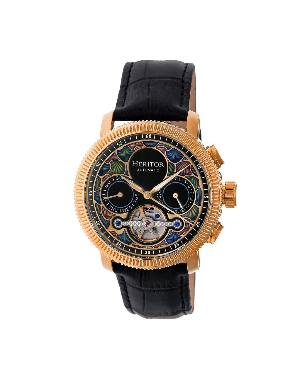 Heritor Multicolor Aura Semi-Skeleton Leather-Band Watch for men
