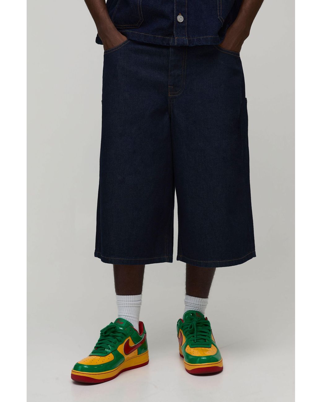 BoohooMAN Blue Multi Pocket Longline Denim Jorts for men