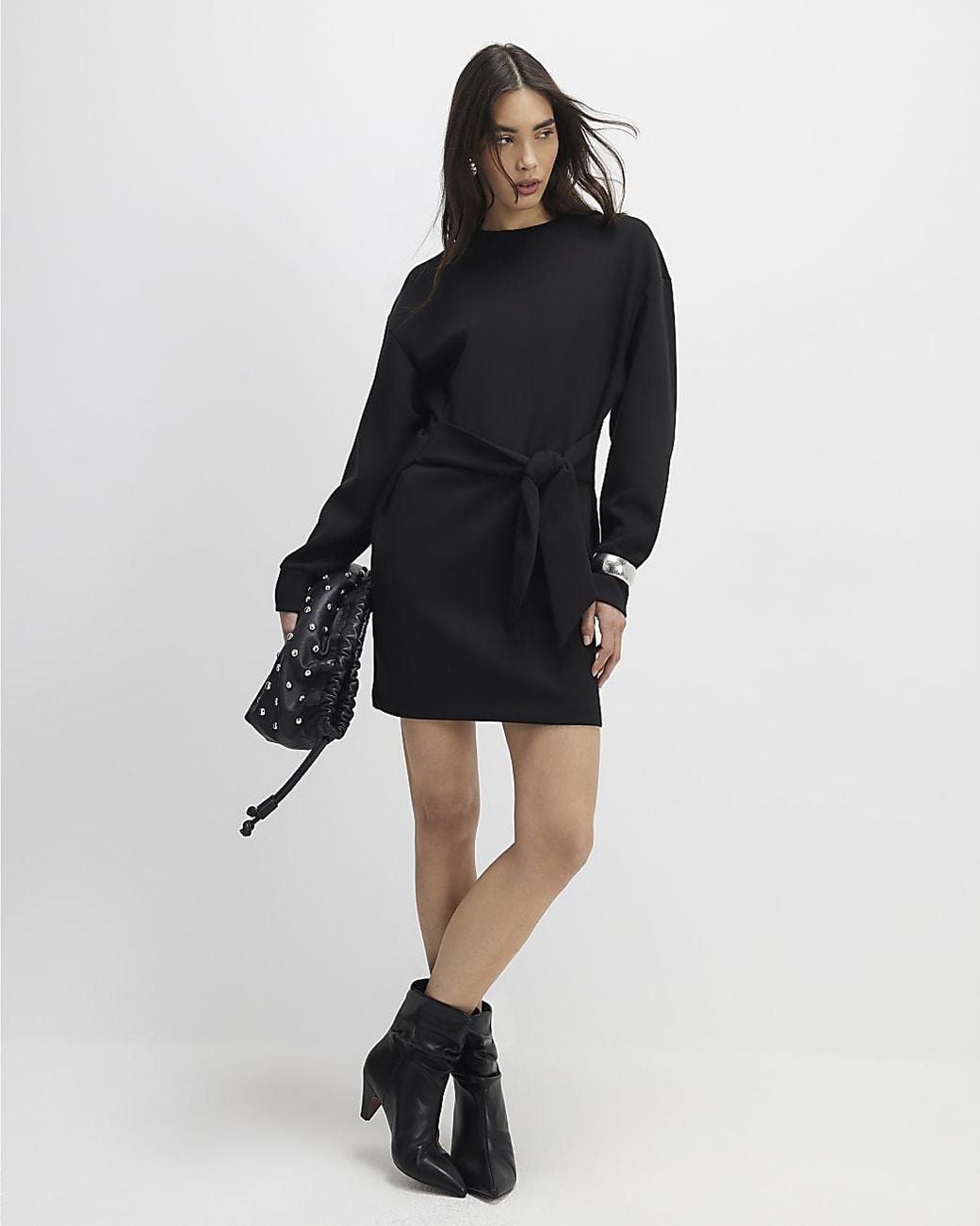 River Island Black Sweatshirt Mini Dress Tie Front