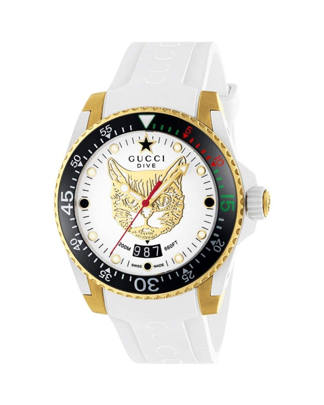 Gucci Metallic 40mm Dive Watch W/ Rubber Strap, White
