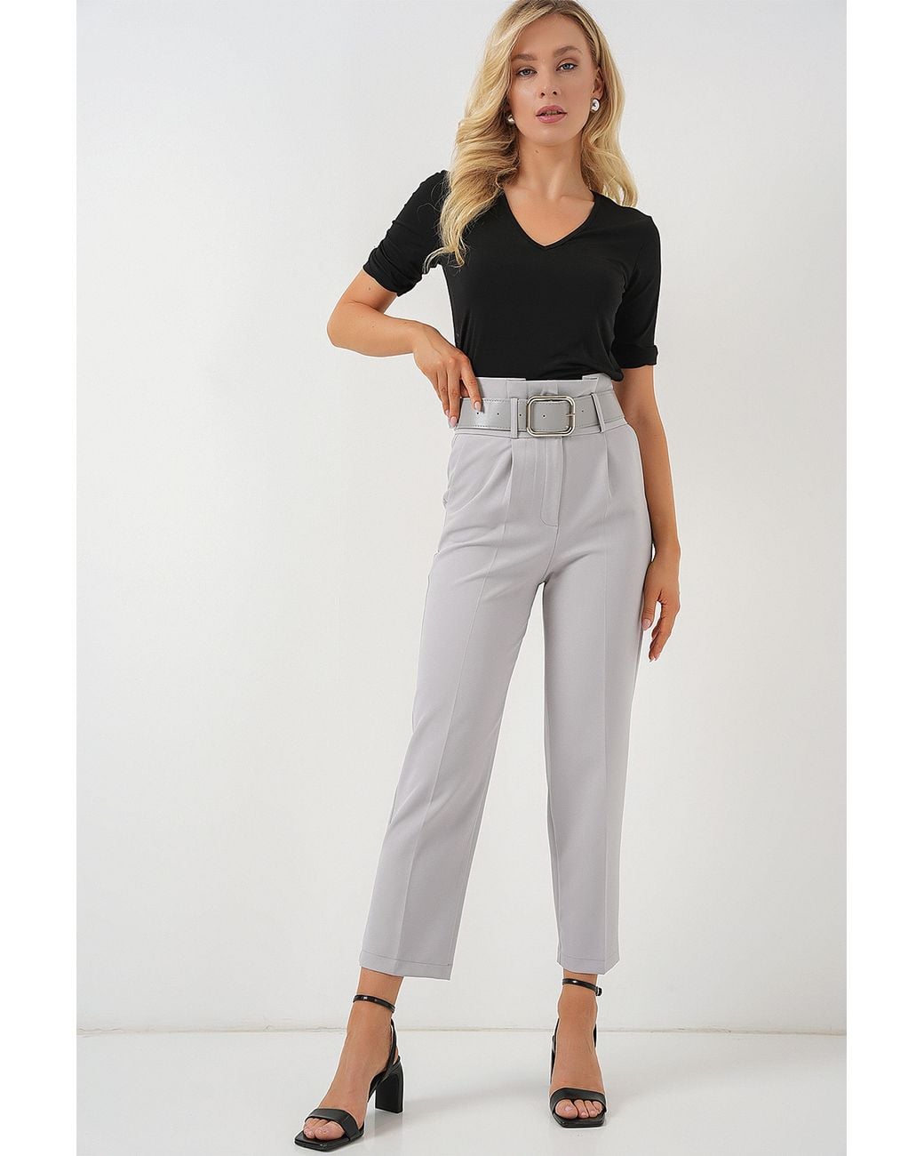 Bigdart Gray Ankle Length Straight Pants With Bow