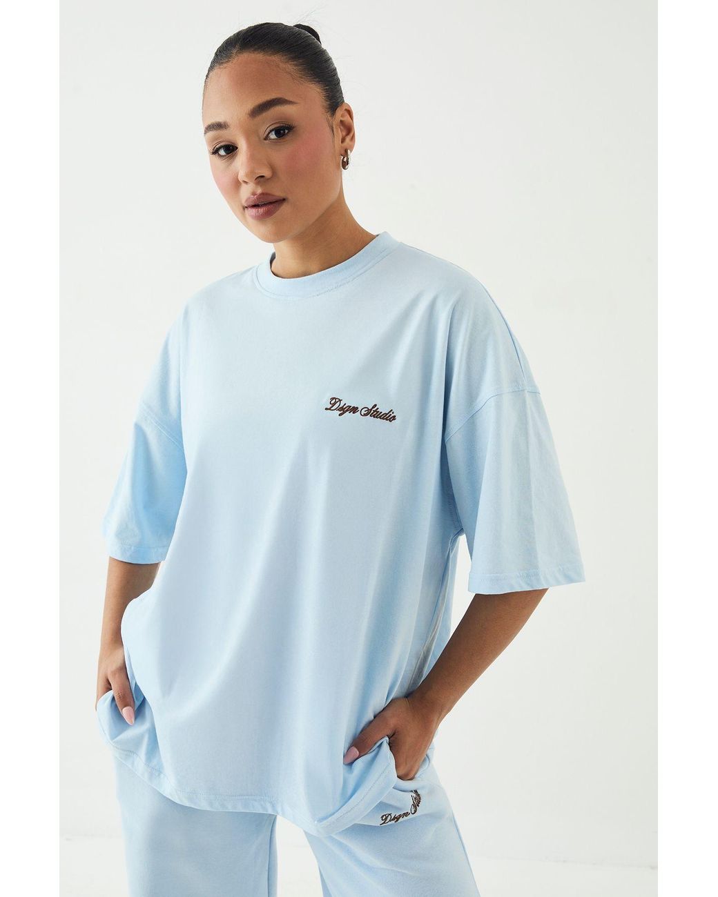 DSGN Studio Blue Script Embroidered Oversized T-Shirt