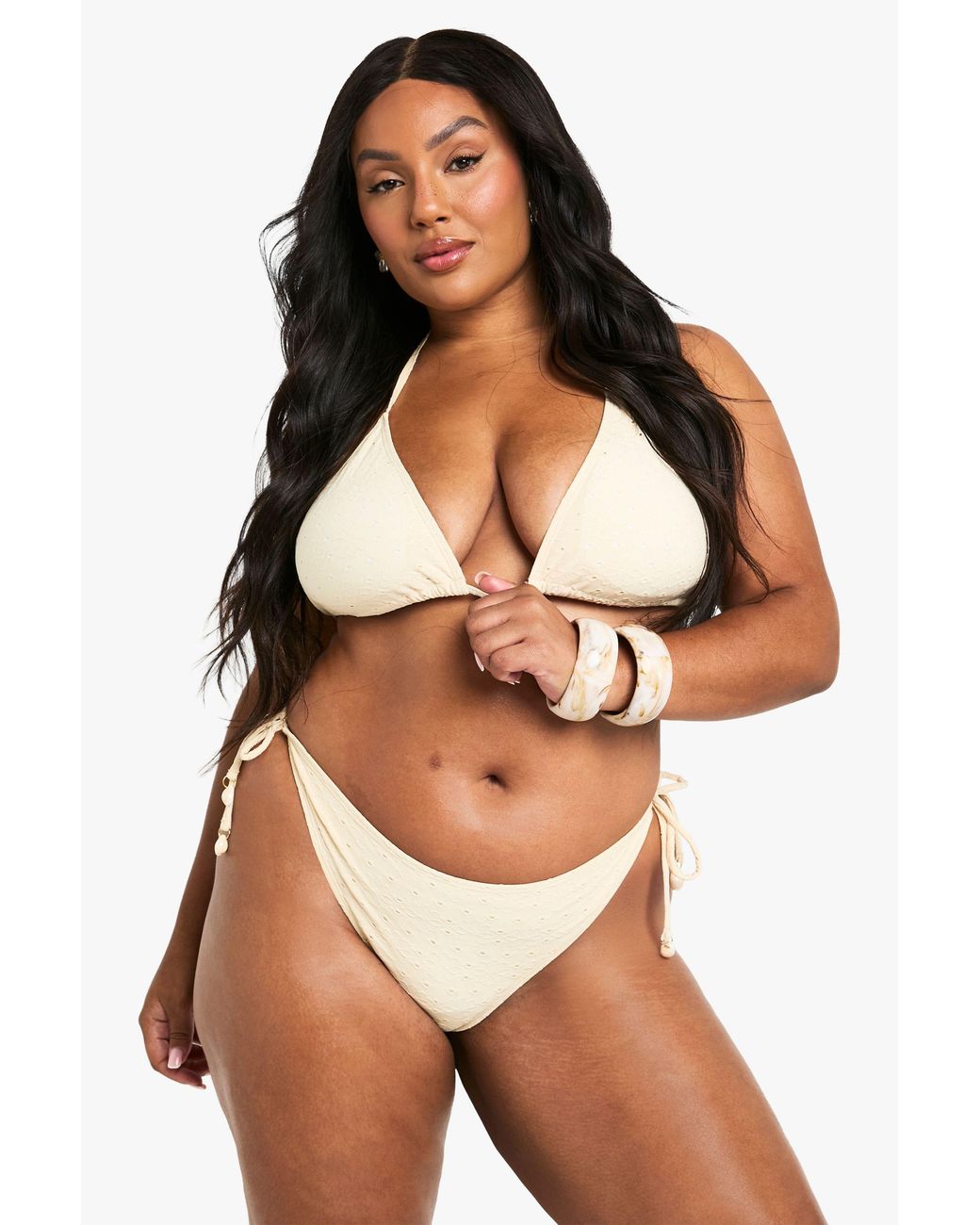 Boohoo Brown Plus Shell Trim Broderie Tie Front Highwaist Bikini