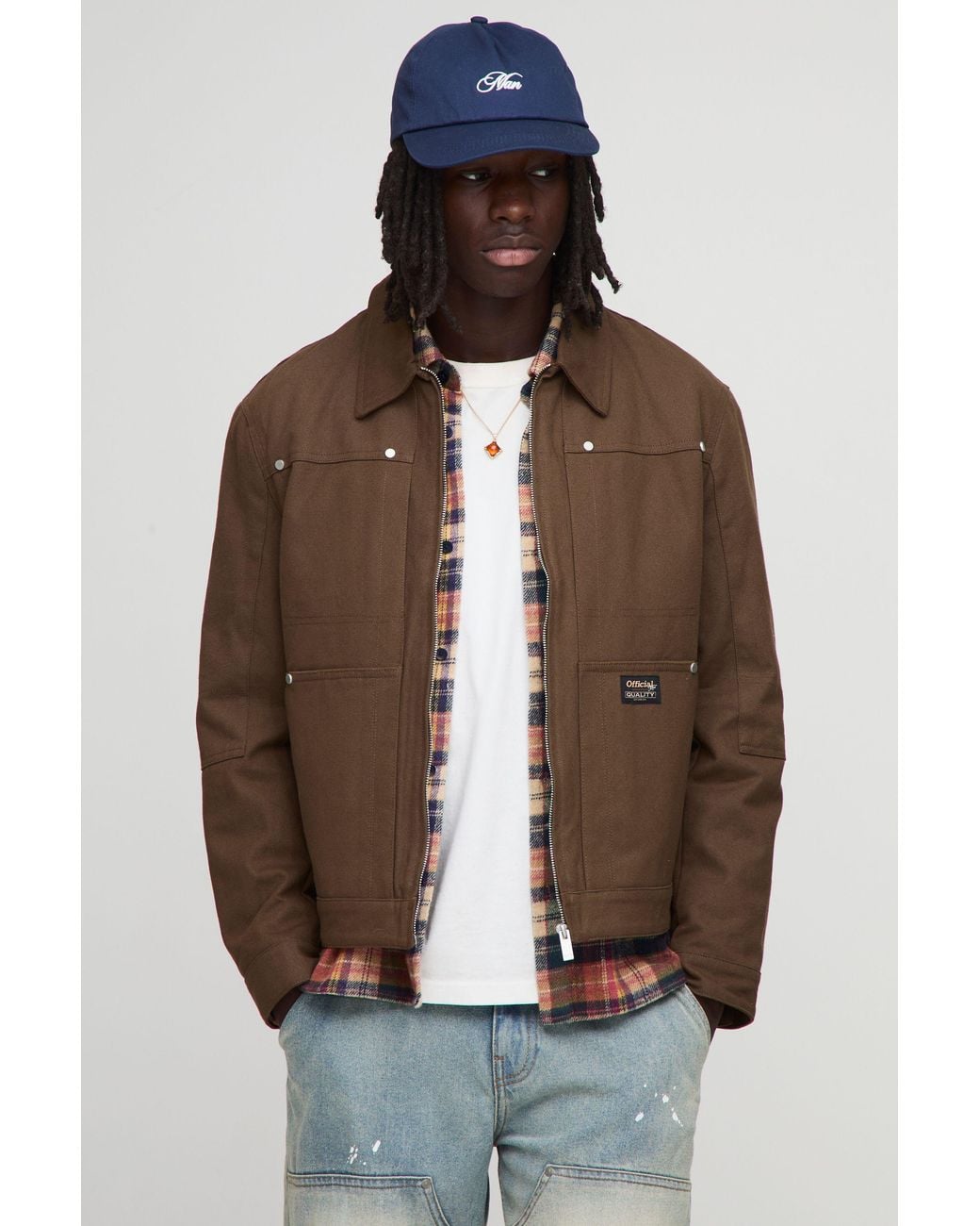 BoohooMAN Brown Regular Fit Contrast Collar Twill Worker Jacket for men