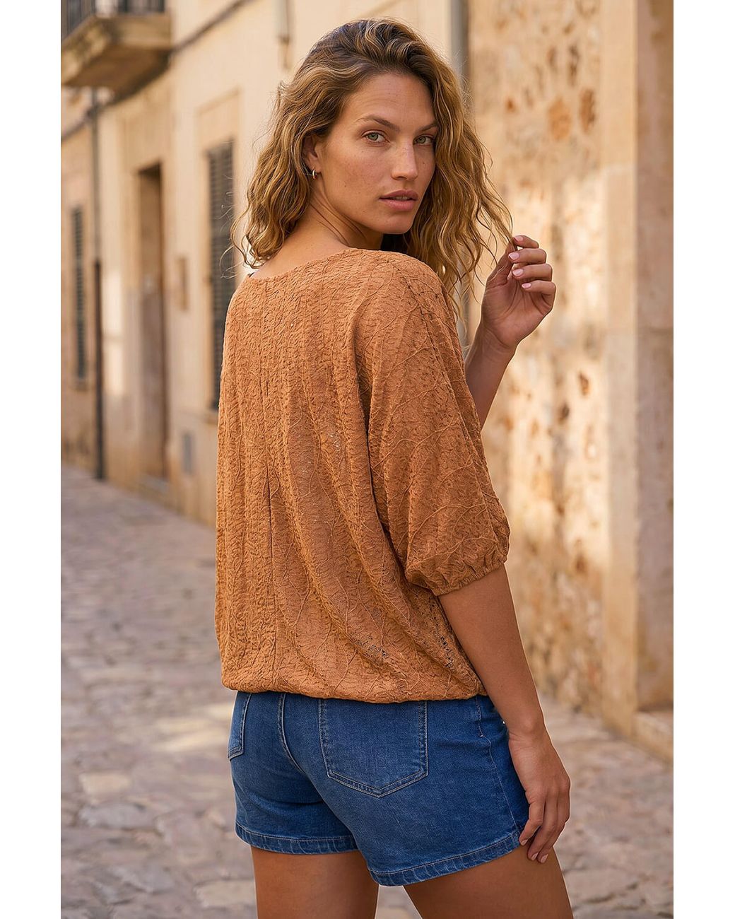 Roman Blue Mesh Bubble Hem Stretch Top