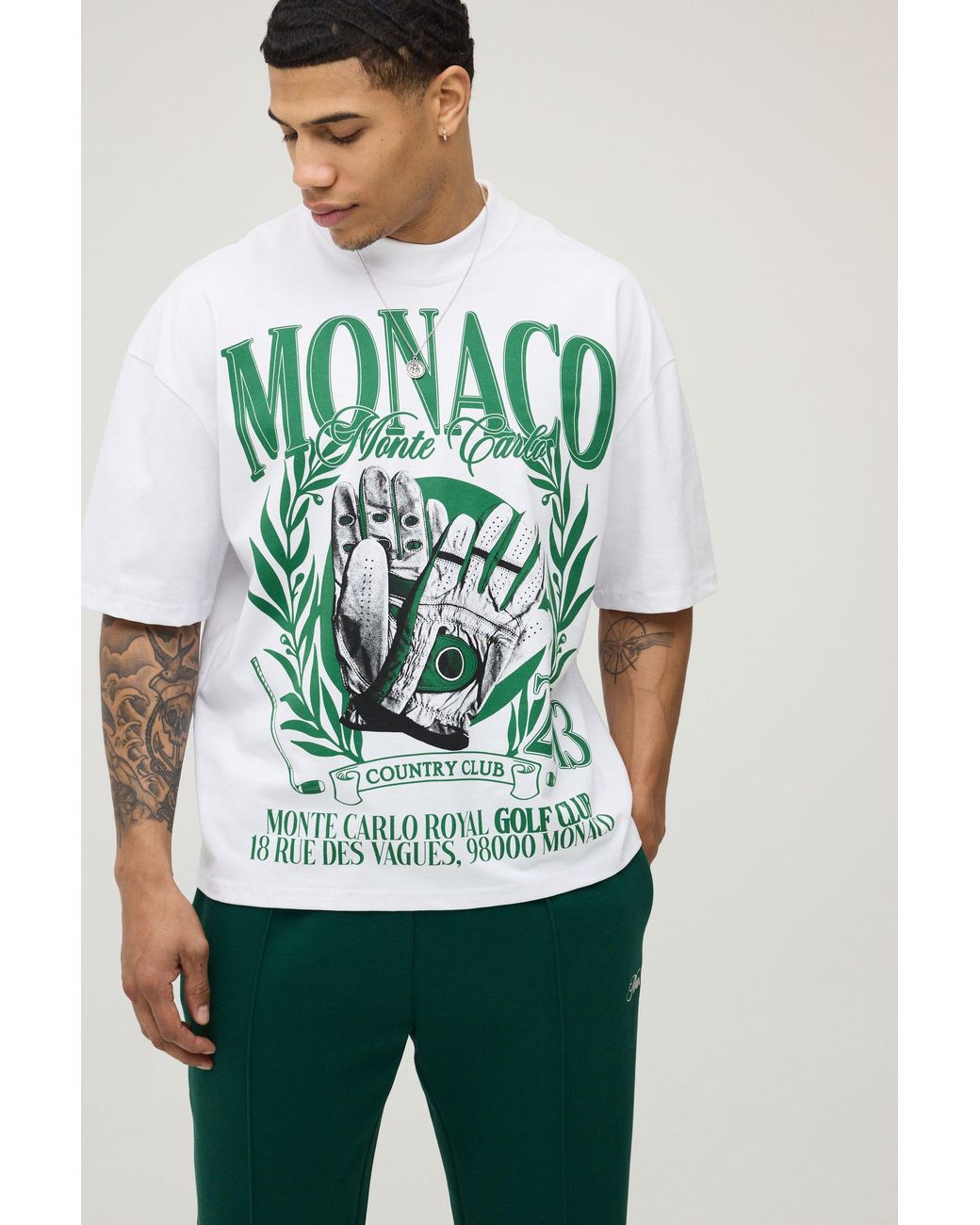 BoohooMAN Green Oversized Boxy Country Club Print T-Shirt Cotton for men