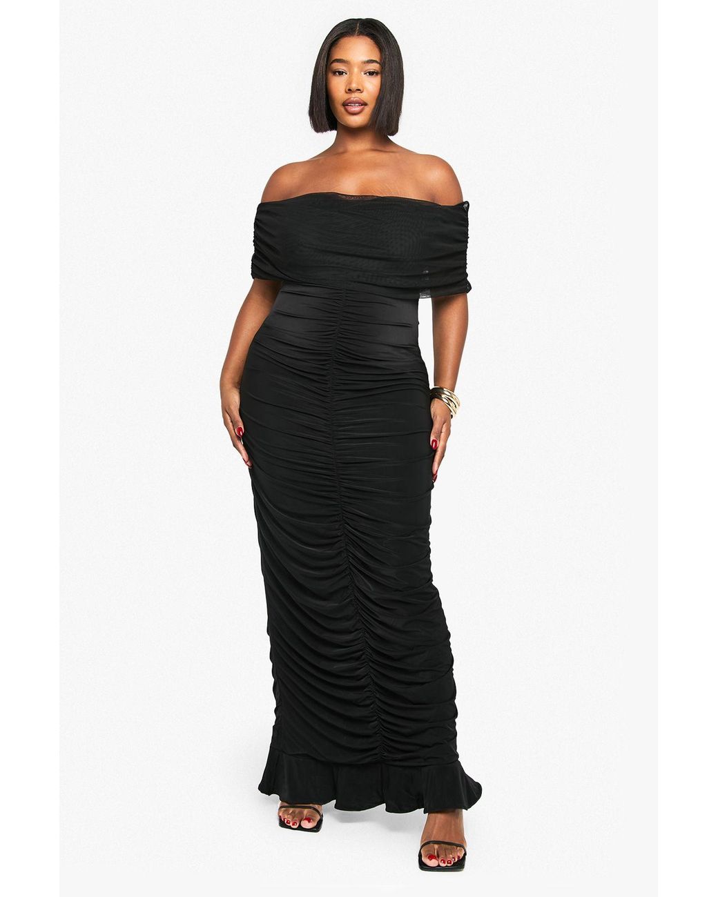 Boohoo Black Plus Mesh Bardot Ruched Maxi Dress