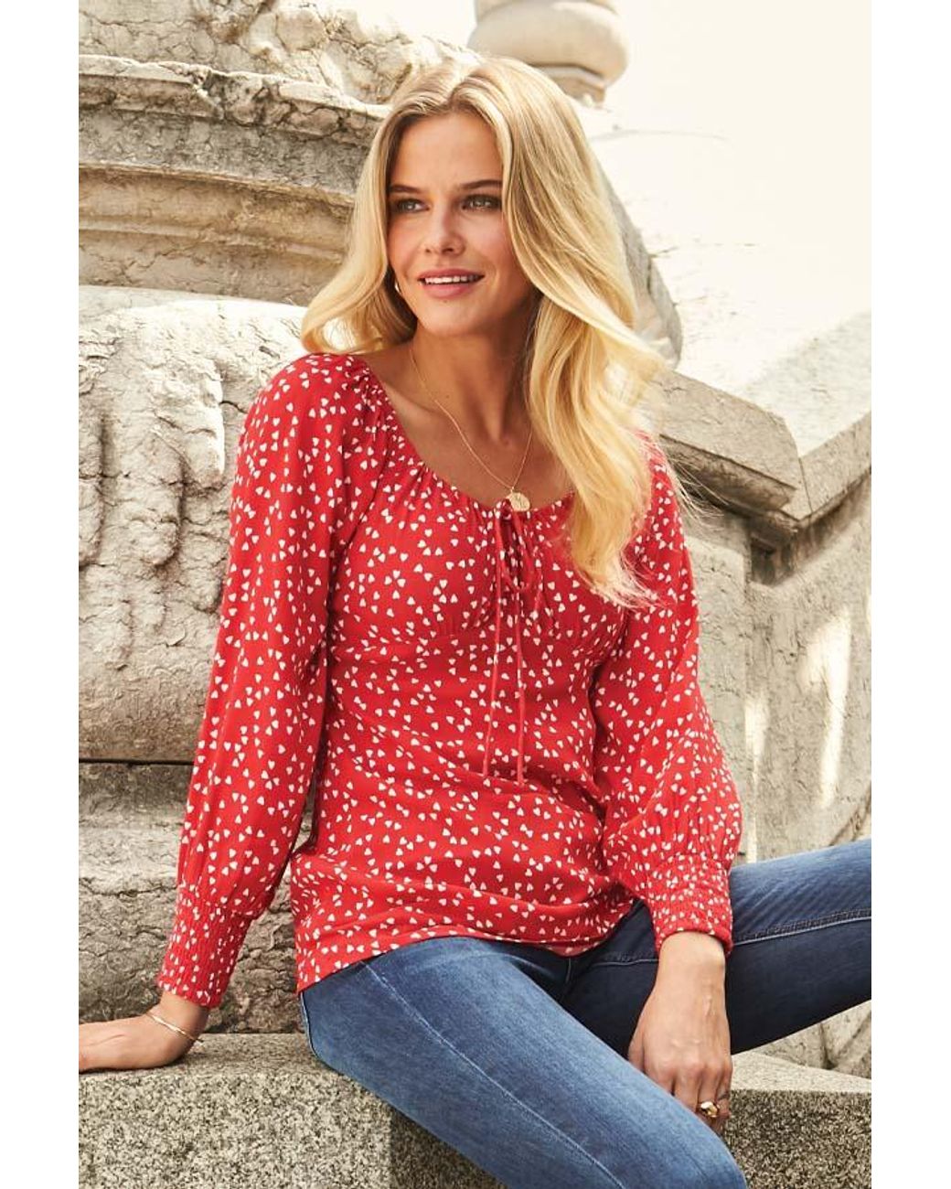 Sosandar Red Cruz Print Tie Neck Top Viscose